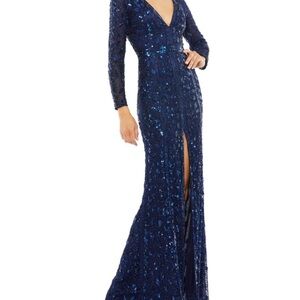 Mac Duggal Blue Sequin Long Sleeve Gown